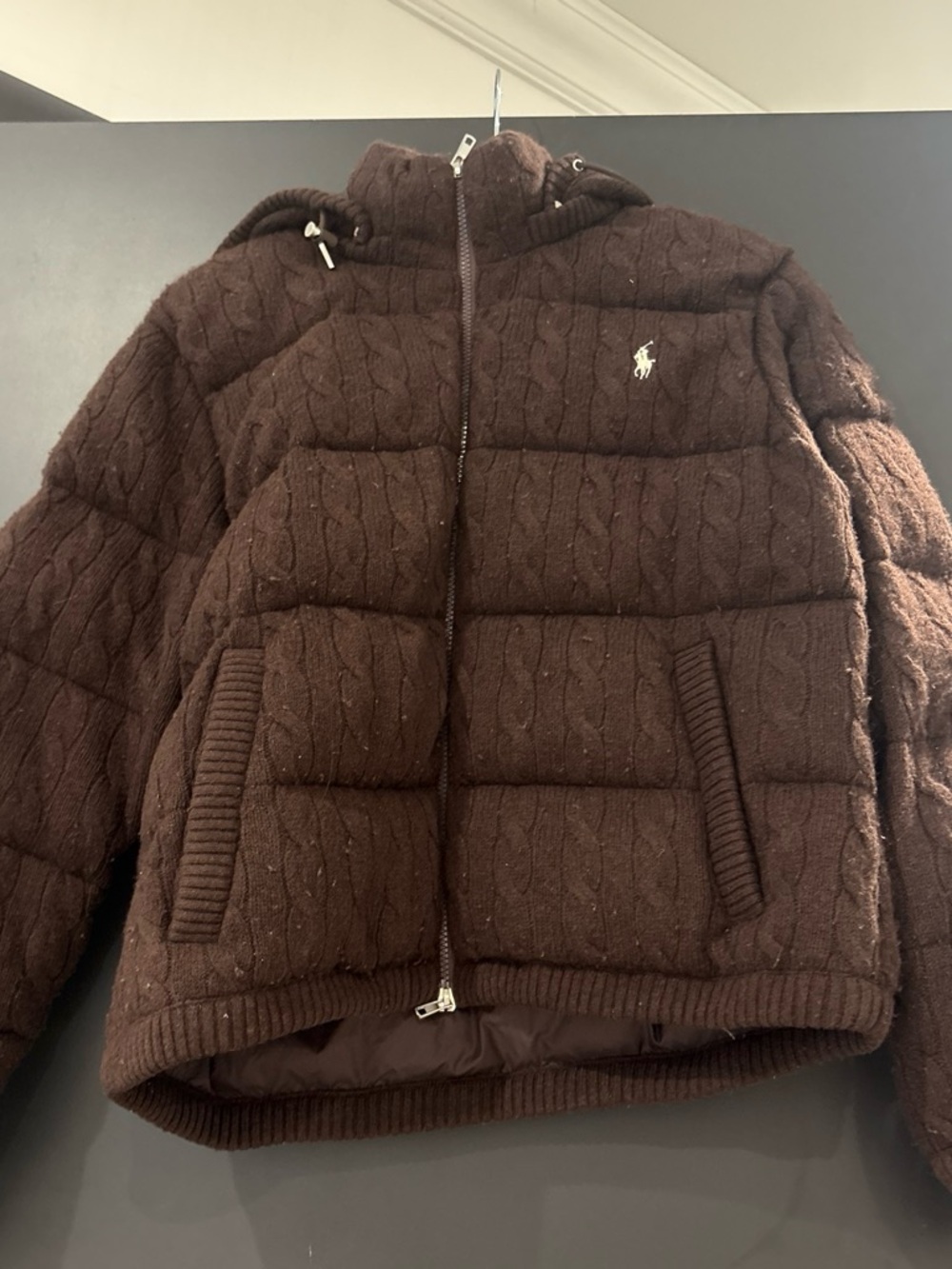 Polo by Ralph Lauren Dark Brown Quilted Cable-Knit Puffer Jacket